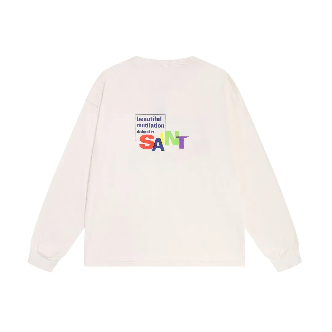 European and American heavyweight Saint Michael colorful letters retro print distressed casual loose long-sleeved bottoming T-shirt Fabric: 260g Style number: SM665 Size: S-M-L-XL Color: White Price: P144
